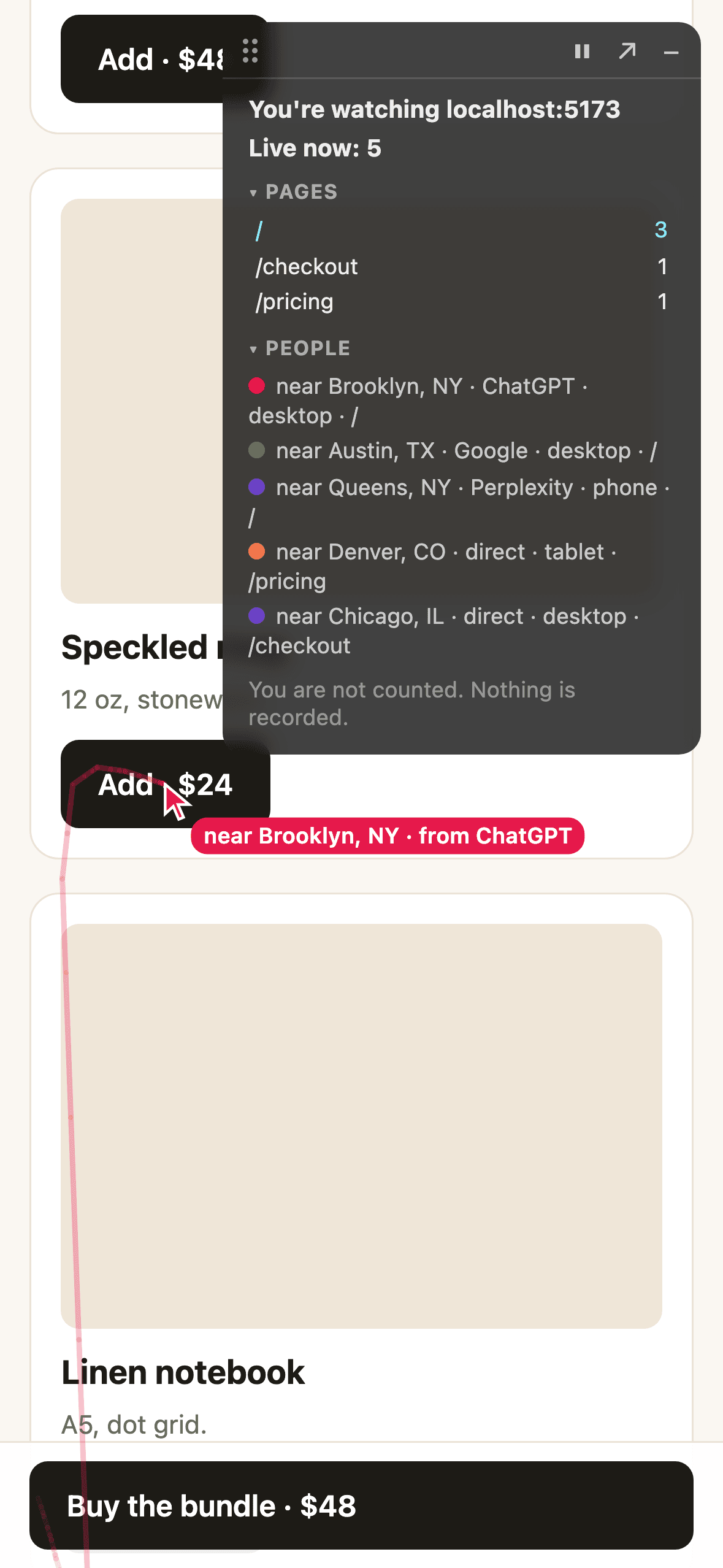 The owner's live panel on a phone: you're watching localhost:5173, live now 5, pages with their counts, and one line per person with place, source, device and page.